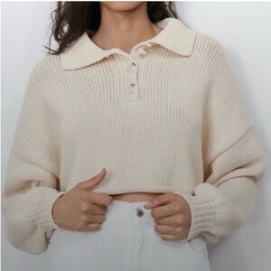 Zara Creme Cropped Knit Button-Up Women's Sweater